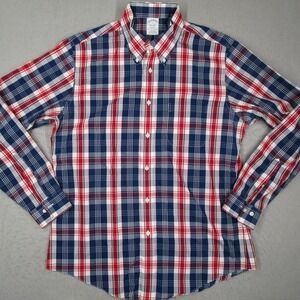 Brooks Brothers Regent Non-Iron Shirt Mens L Red White Blue Plaid Supima Cotton